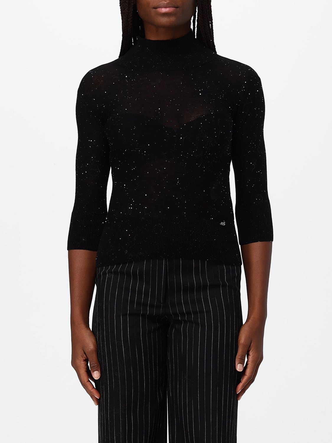 GENNY TOP: Jersey de cuello alto Genny de corte slim en mezcla de lana con bordado de lentejuelas, Negro - Img 1