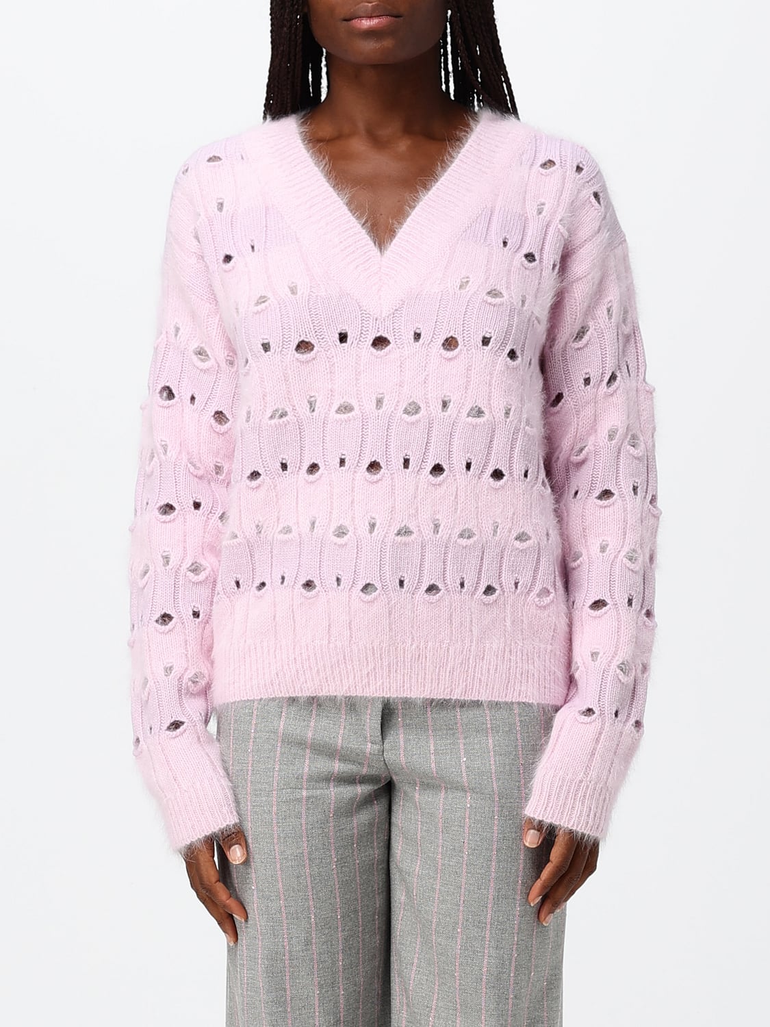 GENNY JERSEY: Jersey Genny de mezcla de lana con cuello de pico y hombros caídos, Rosa - Img 1