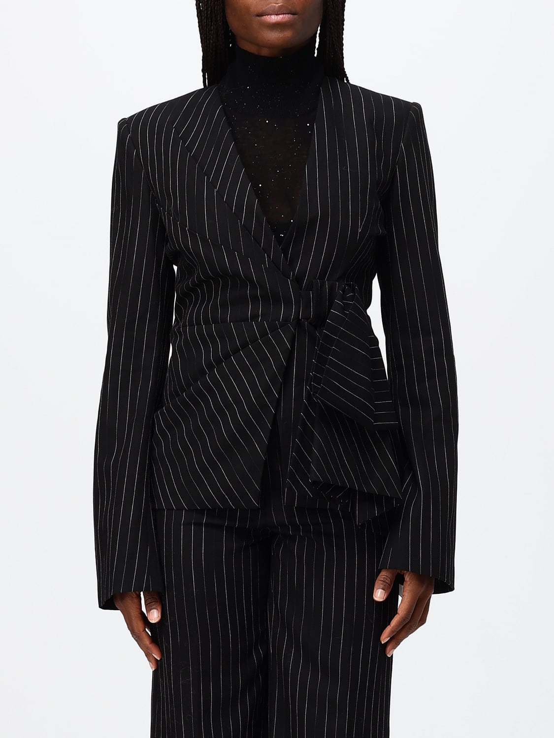 GENNY CHAQUETA: Blazer drapeado Genny de mezcla de lana con raya diplomática y lazo, Negro - Img 1