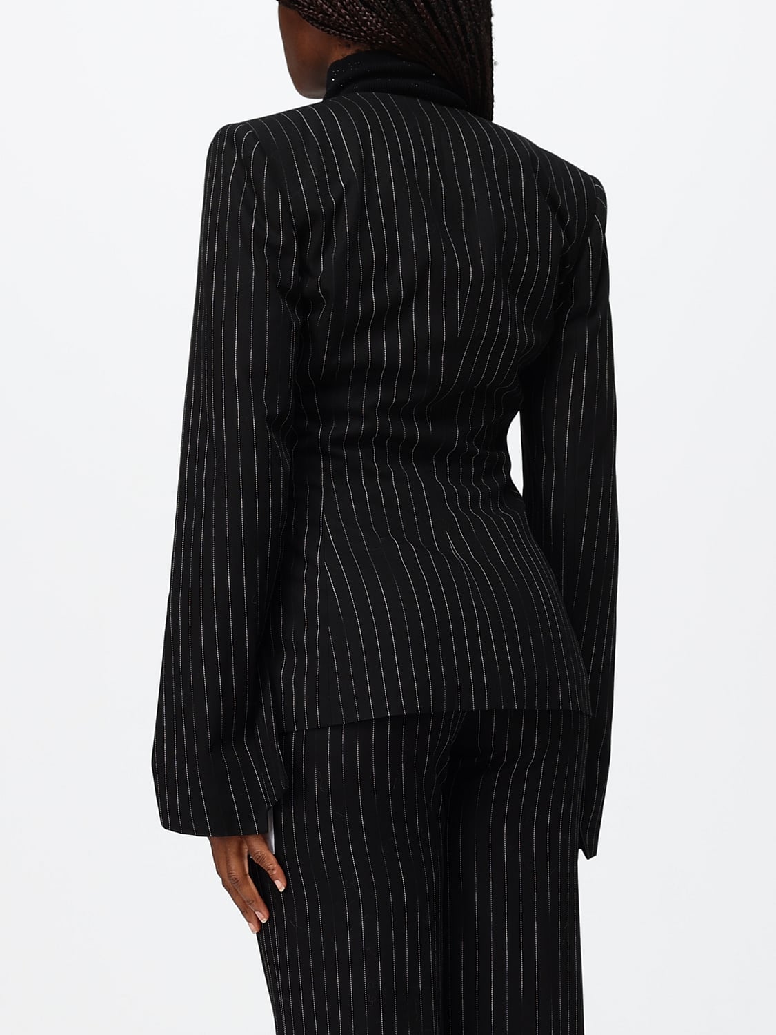 GENNY CHAQUETA: Blazer drapeado Genny de mezcla de lana con raya diplomática y lazo, Negro - Img 2