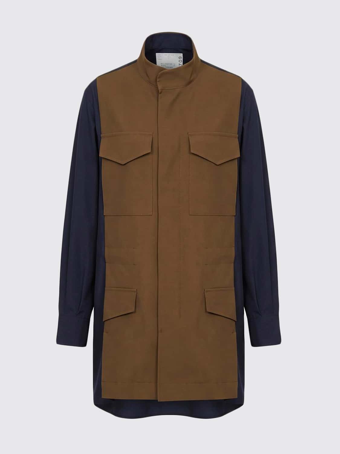 SACAI CAMISA: Camisa utility bicolor Sacai de lana y algodón con cuello mao y bolsillos de parche, Marrón - Img 2