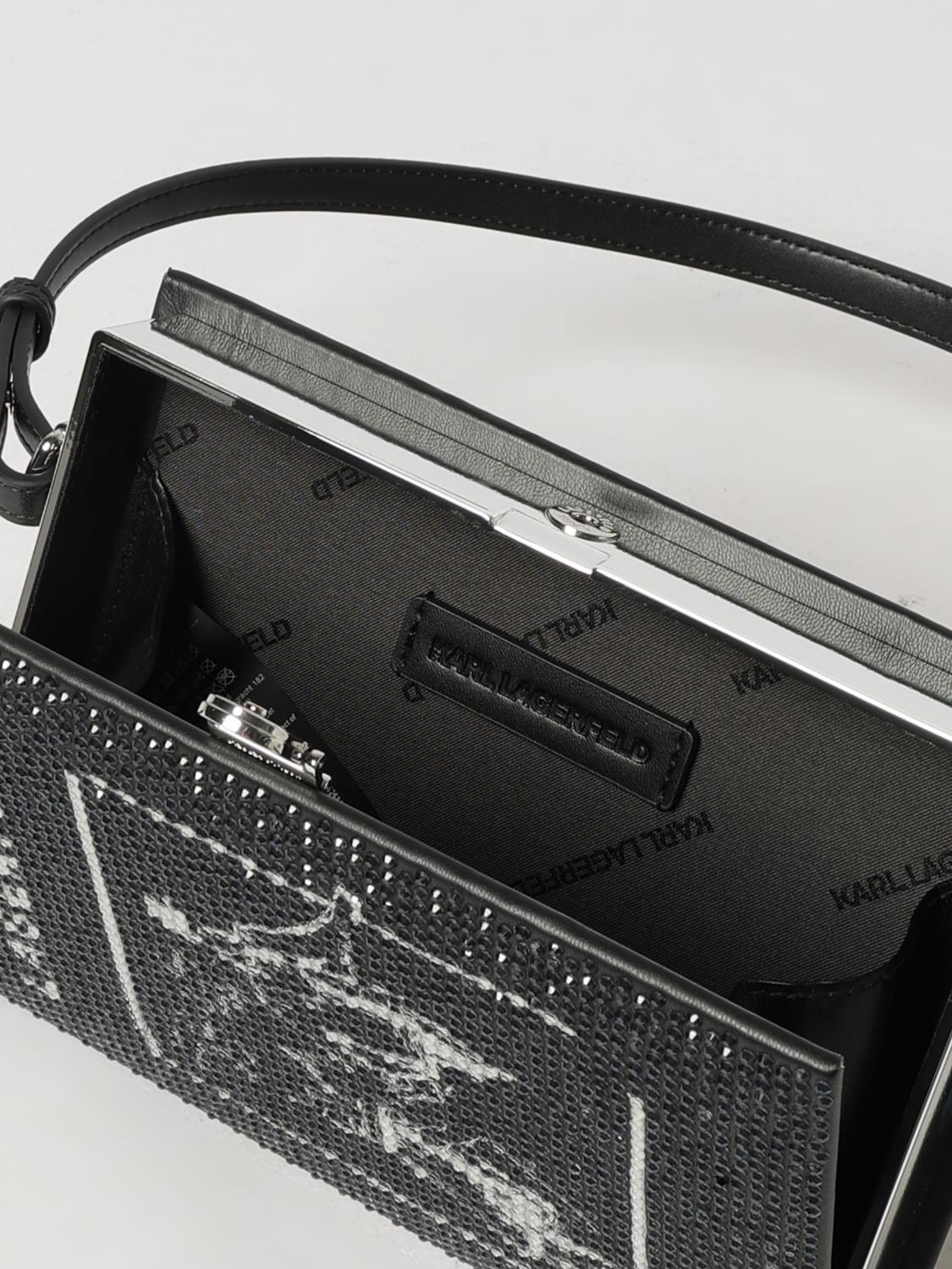 KARL LAGERFELD BORSA A SPALLA: Borsa a spalla Karl Lagerfeld in poliuretano con strass e logo stampato, Nero - Img 3