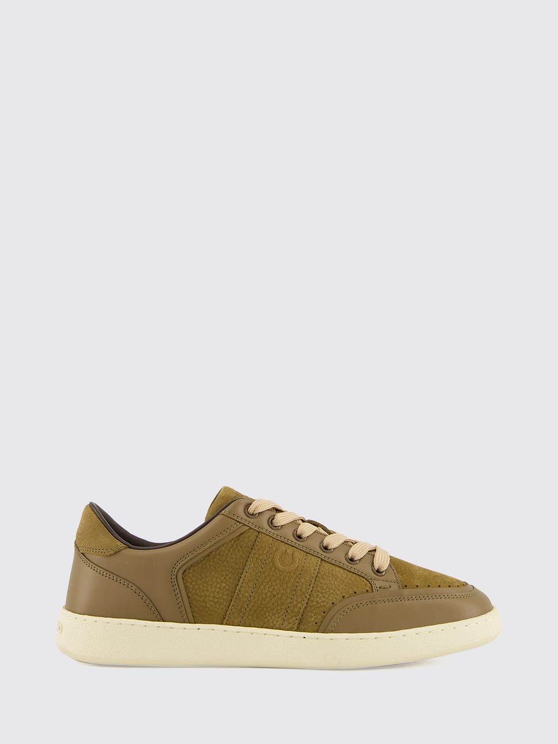 FERRAGAMO SNEAKERS: Ferragamo Low-Top Sneakers in Calfskin and Nubuck with Embossed Logo, Green - Img 1