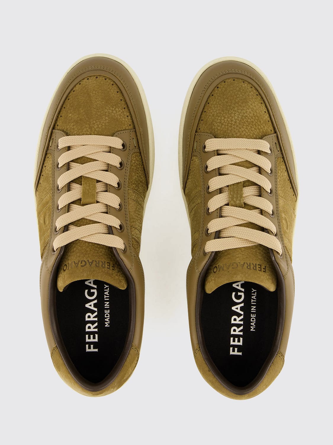 FERRAGAMO SNEAKERS: Ferragamo Low-Top Sneakers in Calfskin and Nubuck with Embossed Logo, Green - Img 4