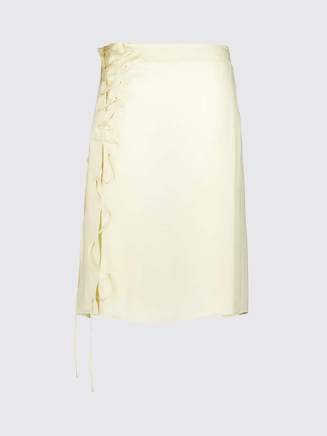 FERRAGAMO FALDA: Minifalda de tubo Ferragamo slim fit de cupro con talle alto y cintas tejidas, Nata - Img 2