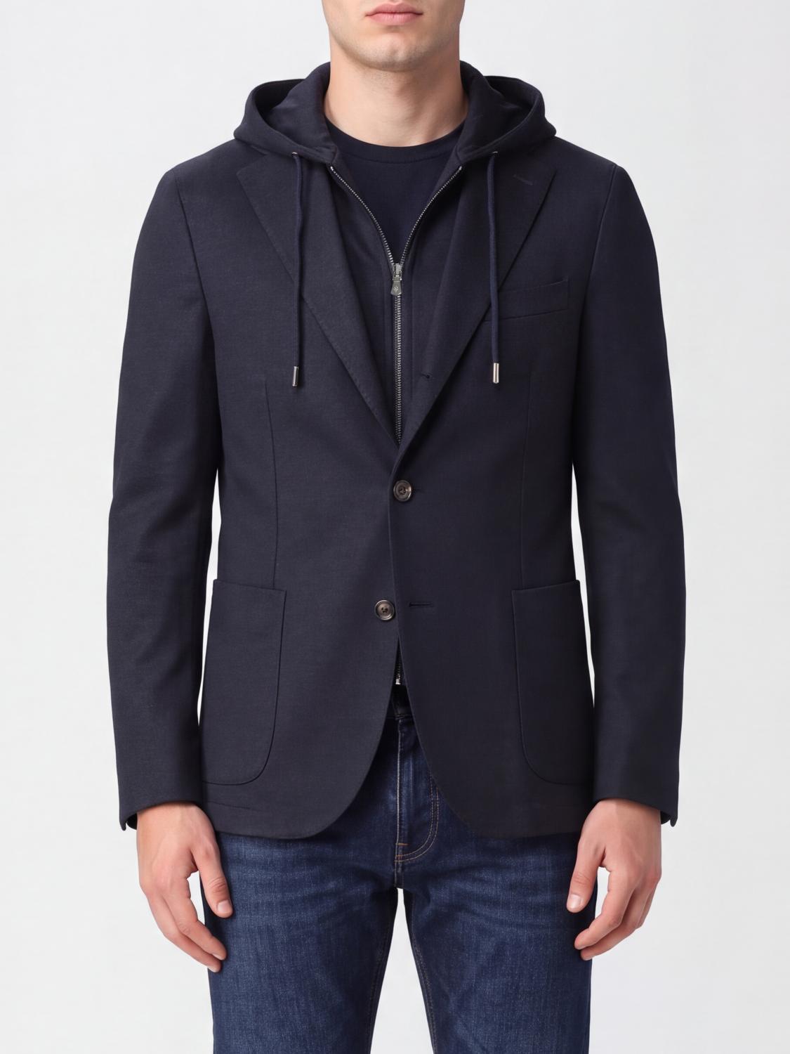 ELEVENTY JACKET: Eleventy Single-Breasted Blazer in Wool and Technical Fabric with a Zipped Hooded Insert, Blue - Img 1