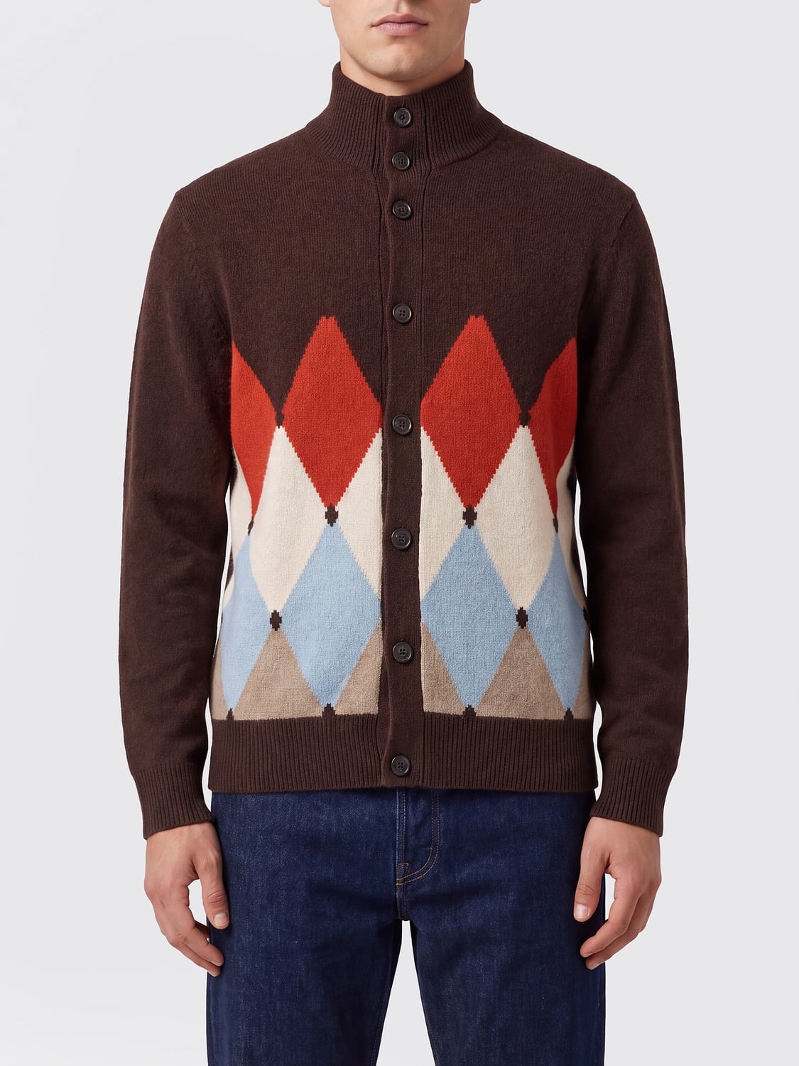 BALLANTYNE SWEATER: Ballantyne High-Neck Diamond Jacquard Cardigan in 100% Cashmere, Earth - Img 1