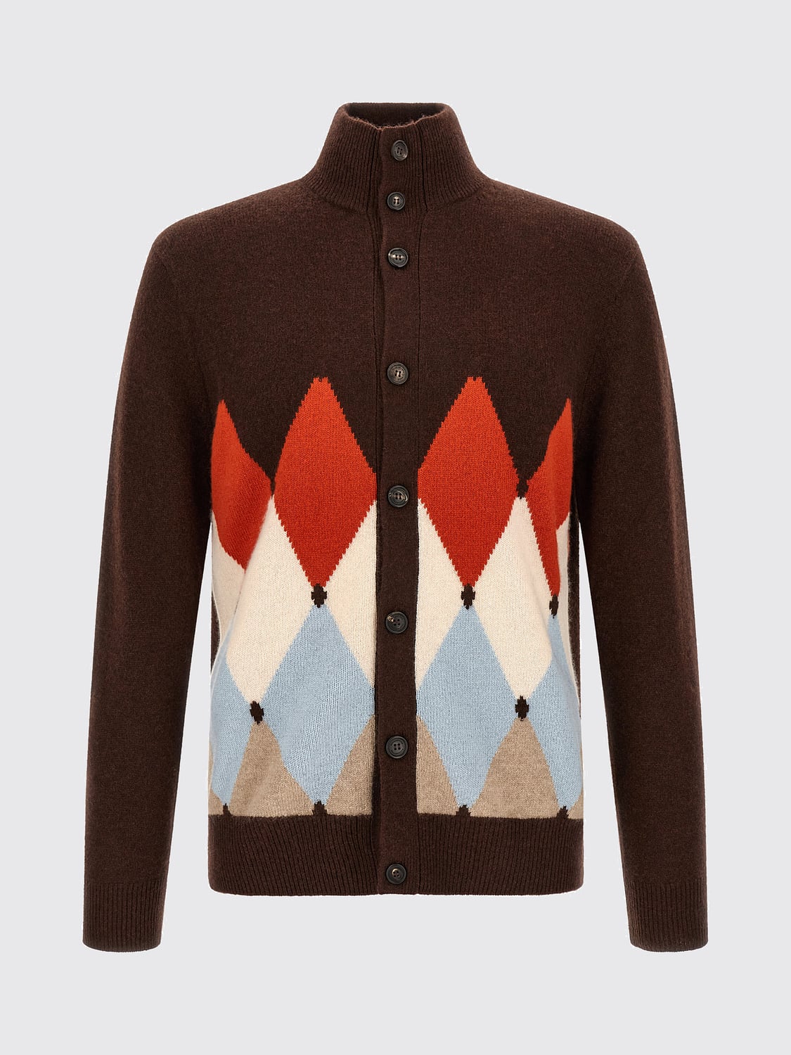 BALLANTYNE SWEATER: Ballantyne High-Neck Diamond Jacquard Cardigan in 100% Cashmere, Earth - Img 2