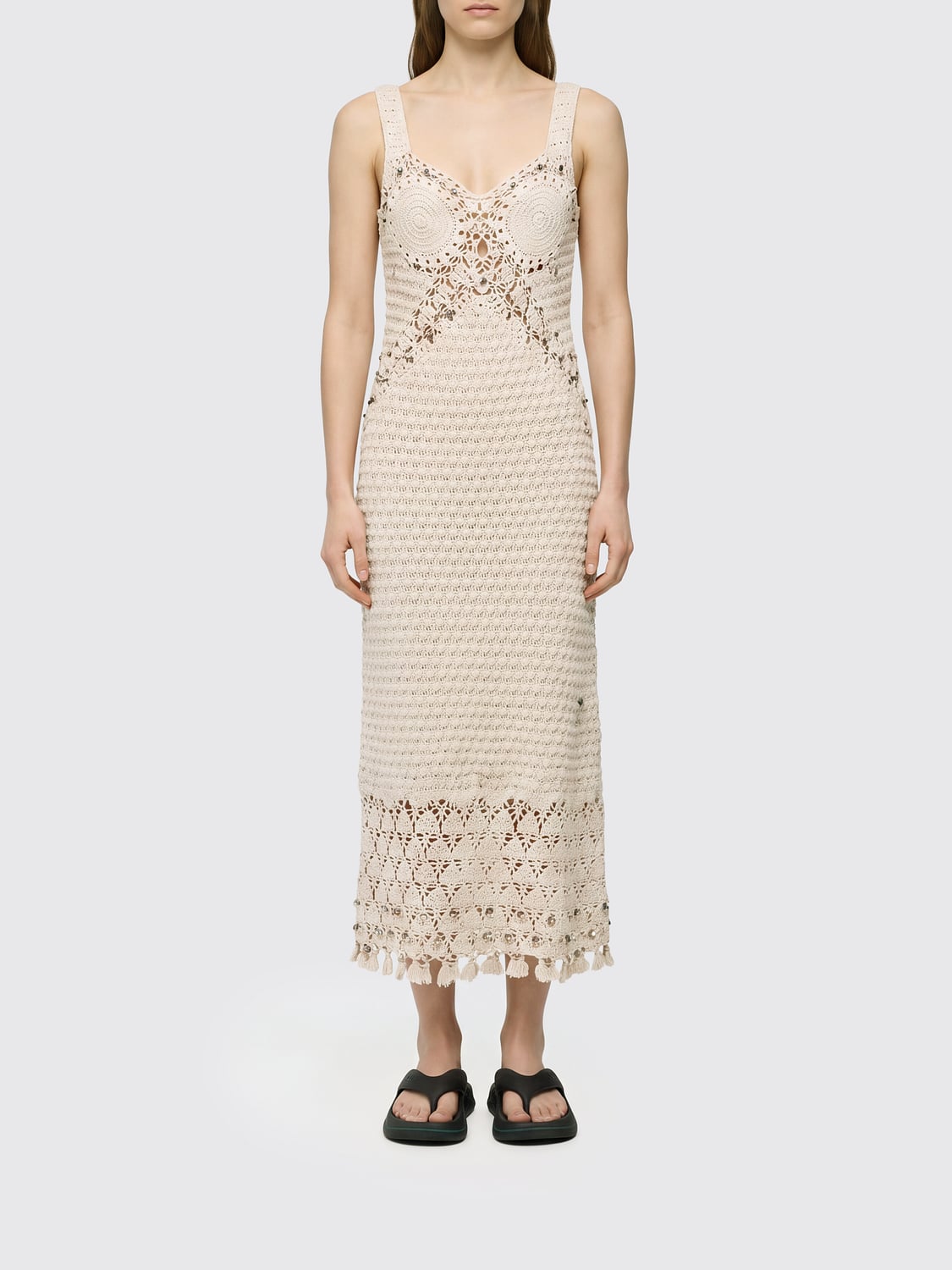 RABANNE KLEID: Schulterfreies Midi-Häkelkleid von Rabanne aus Baumwolle mit V-Ausschnitt, Beige - Img 1