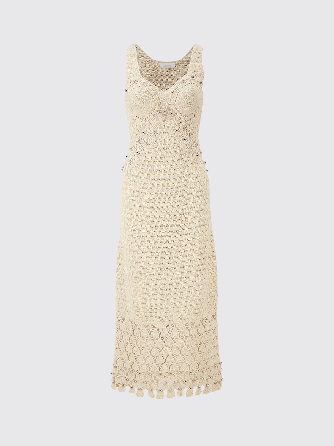 RABANNE KLEID: Schulterfreies Midi-Häkelkleid von Rabanne aus Baumwolle mit V-Ausschnitt, Beige - Img 2