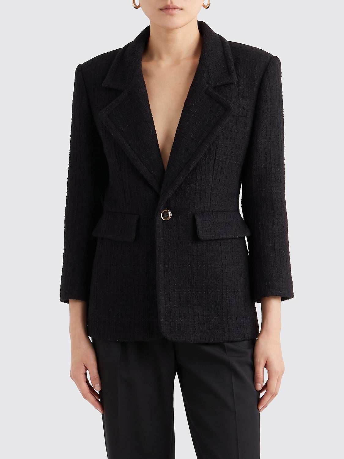 SAINT LAURENT JACKET: Saint Laurent Single-Breasted Cropped Wool Blazer with Peak Lapels, Black - Img 1