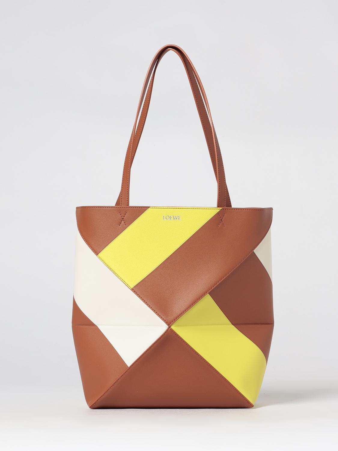 LOEWE BORSA TOTE: Borsa tote Puzzle Fold Loewe grande in pelle di vitello bicolore, Terra - Img 1