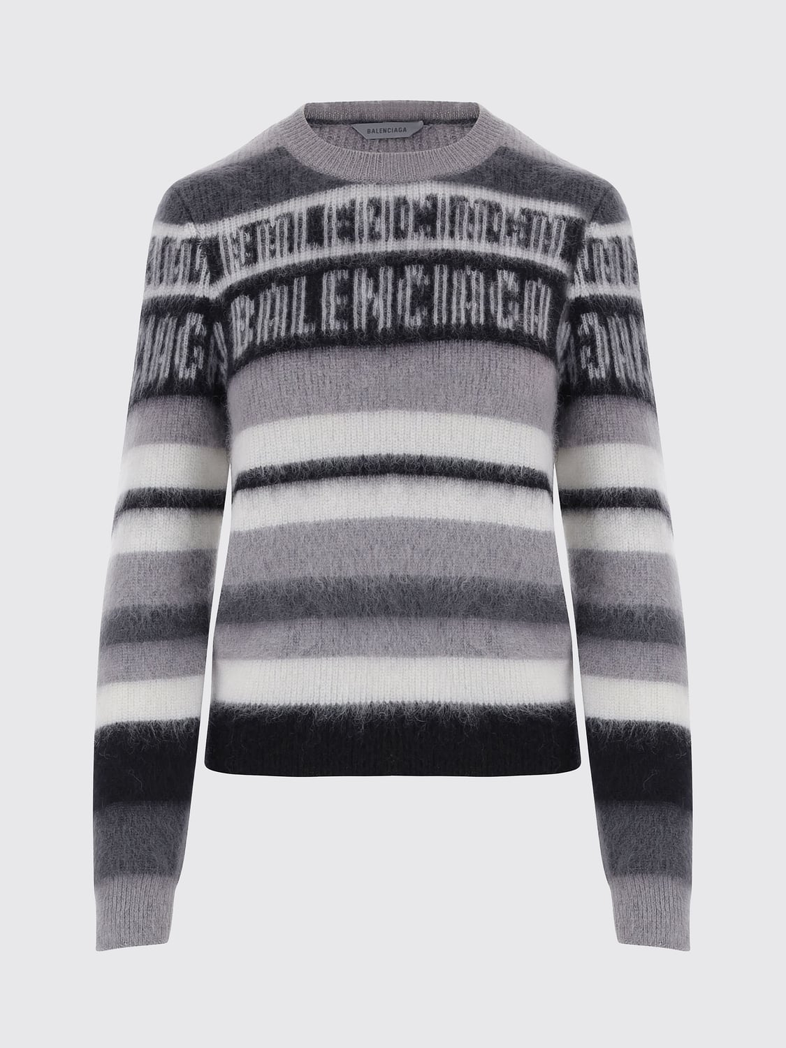 BALENCIAGA PULL: Pull rayé à col rond Balenciaga en laine mélangée avec logo jacquard all-over, Noir - Img 2