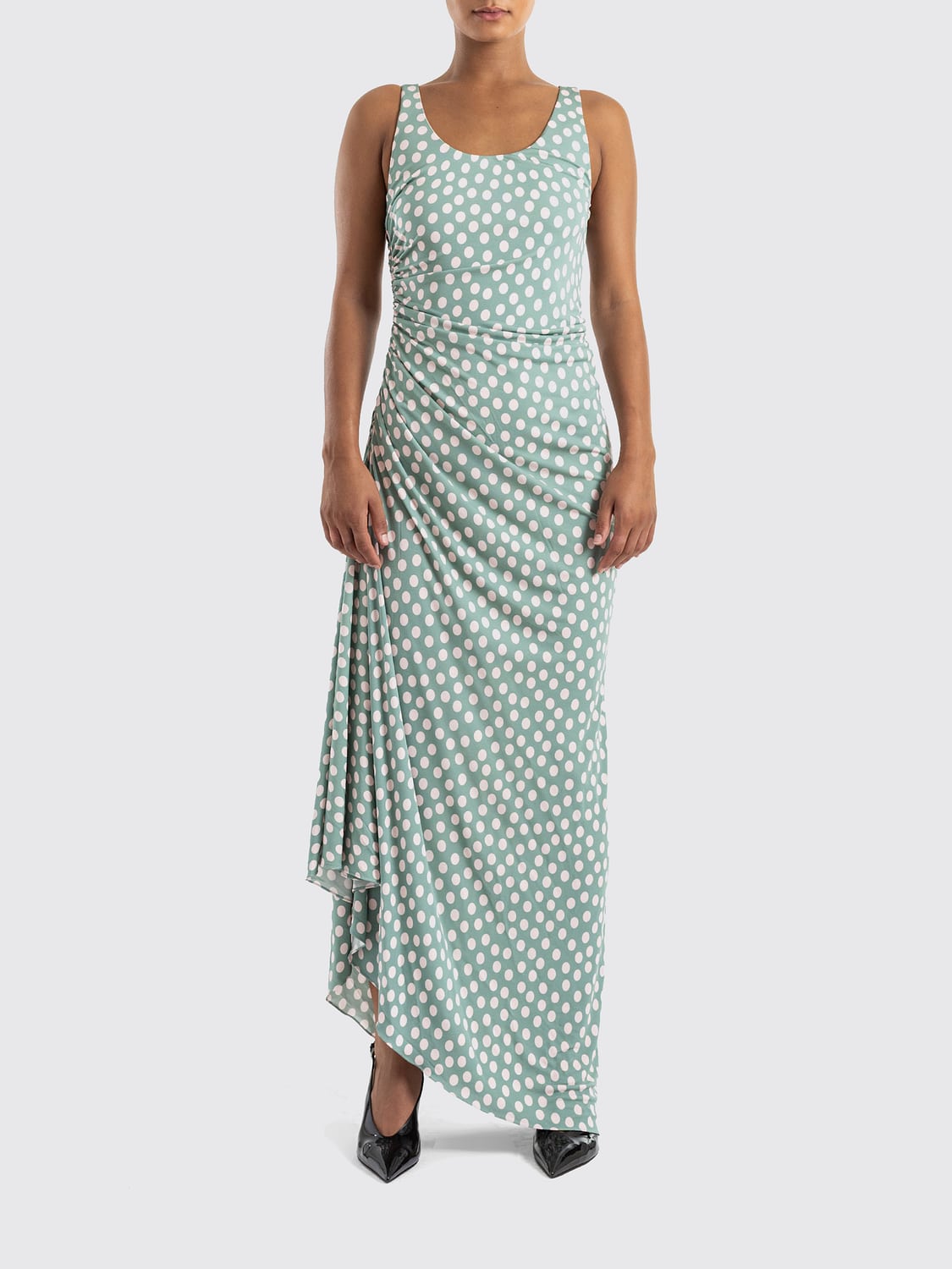 ALAÏA ABITO: Abito lungo a pois Alaïa in jersey con drappeggio e spalle scoperte, Rosa - Img 1