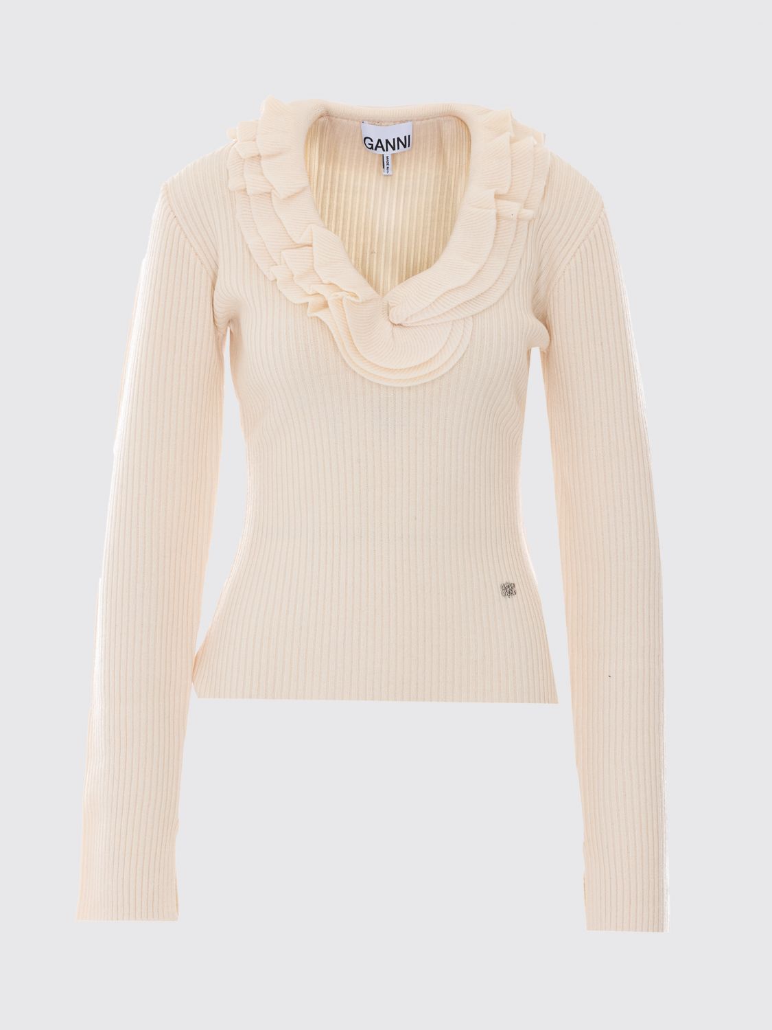 GANNI JERSEY: Jersey Ganni slim fit de lana de canalé con cuello de pico y logo Butterfly, Blanco - Img 2