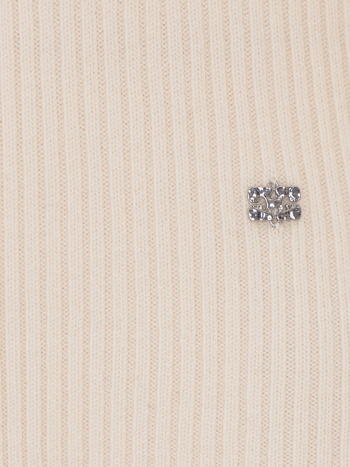 GANNI JERSEY: Jersey Ganni slim fit de lana de canalé con cuello de pico y logo Butterfly, Blanco - Img 4