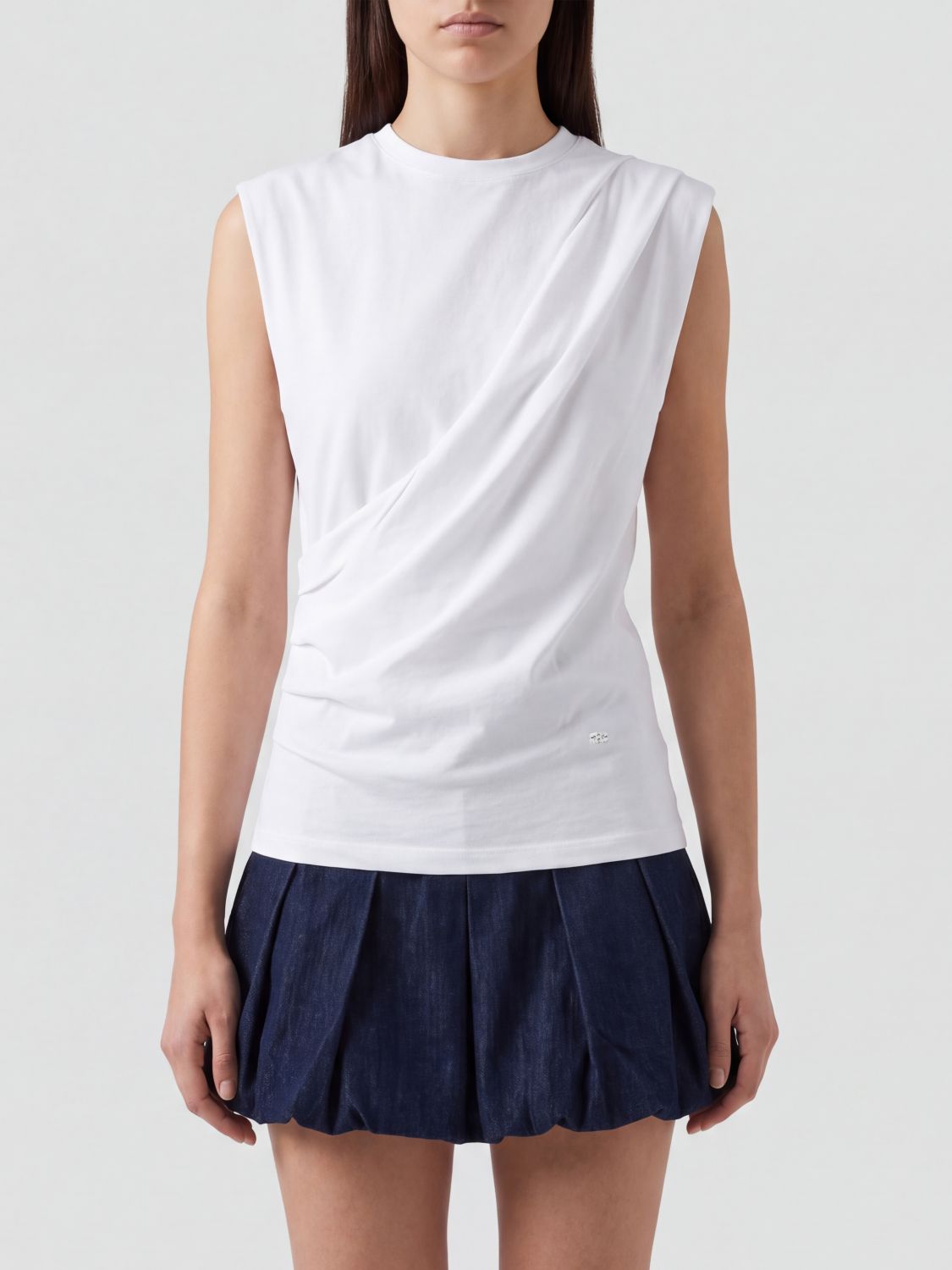 GANNI TOP: Top drapeado Ganni de corte slim en algodón orgánico con mangas casquillo, Blanco - Img 1