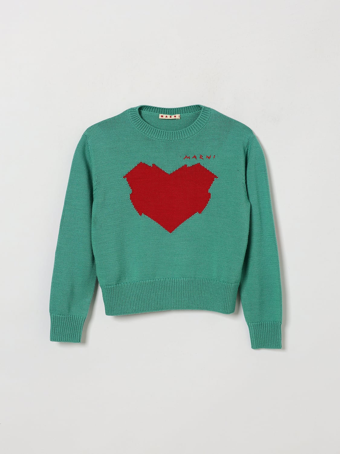 MARNI SWEATER: Marni Boy's Crewneck Jumper in Wool with Heart Print and Jacquard Logo, Green - Img 1
