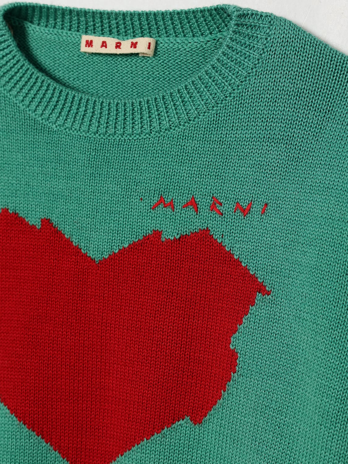 MARNI SWEATER: Marni Boy's Crewneck Jumper in Wool with Heart Print and Jacquard Logo, Green - Img 3