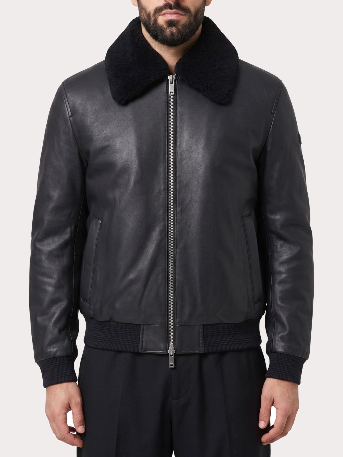 MOOSE KNUCKLES JACKET: Moose Knuckles Lamb Leather Bomber Jacket with Shearling Collar, Black 1 - Img 1