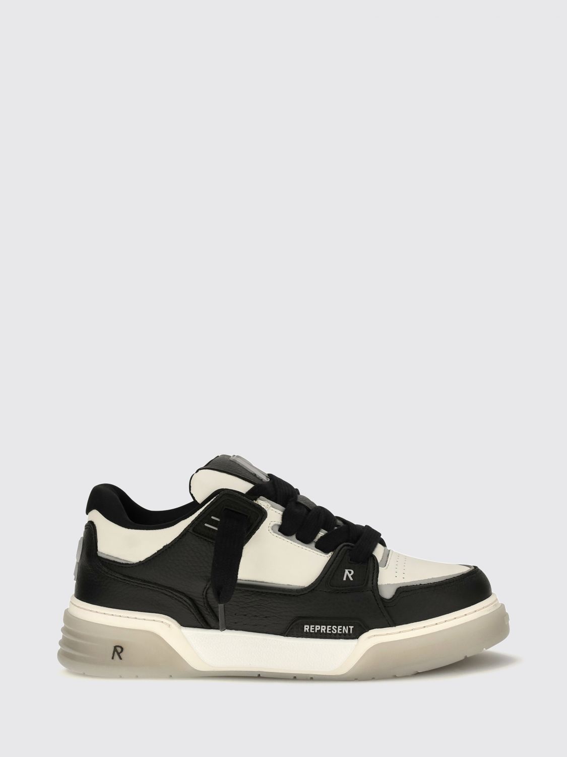 REPRESENT BASKETS: Baskets bicolores Studio Represent en cuir de veau avec logo contrastant, Noir - Img 1