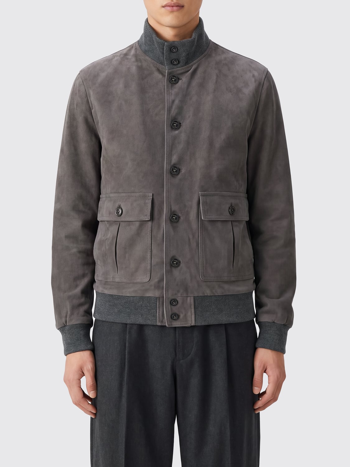 VALSTAR JACKET: Valstar Suede Bomber Jacket with Funnel Neck and Patch Pockets, Grey - Img 1