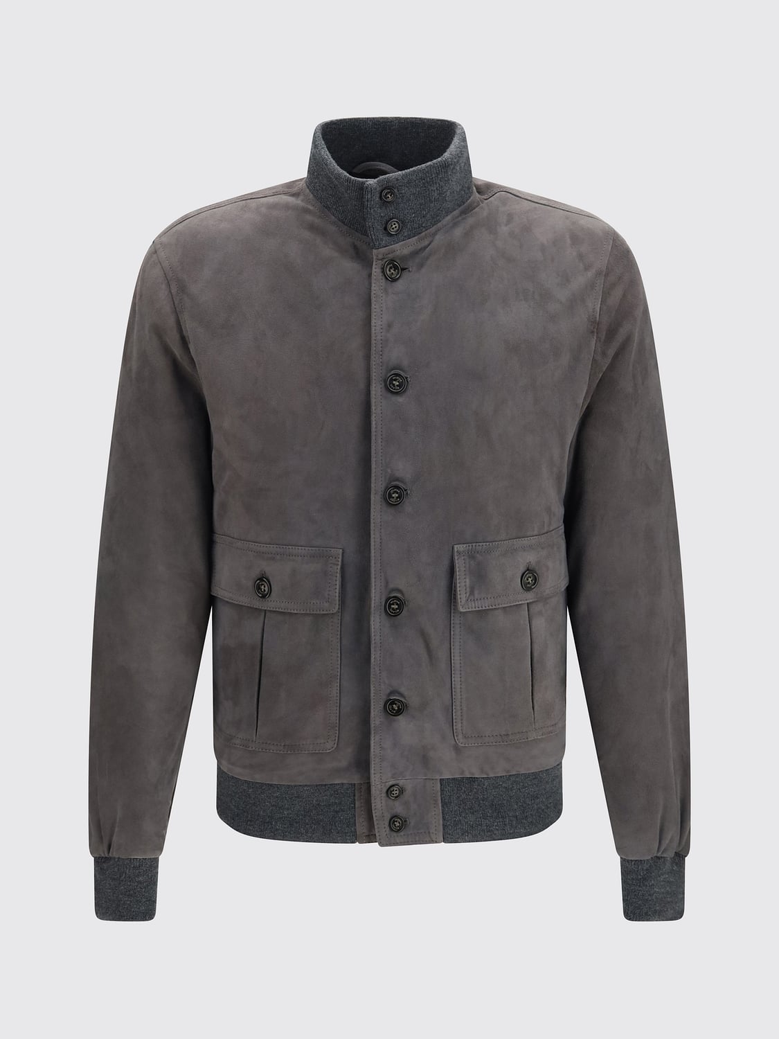 VALSTAR JACKET: Valstar Suede Bomber Jacket with Funnel Neck and Patch Pockets, Grey - Img 2