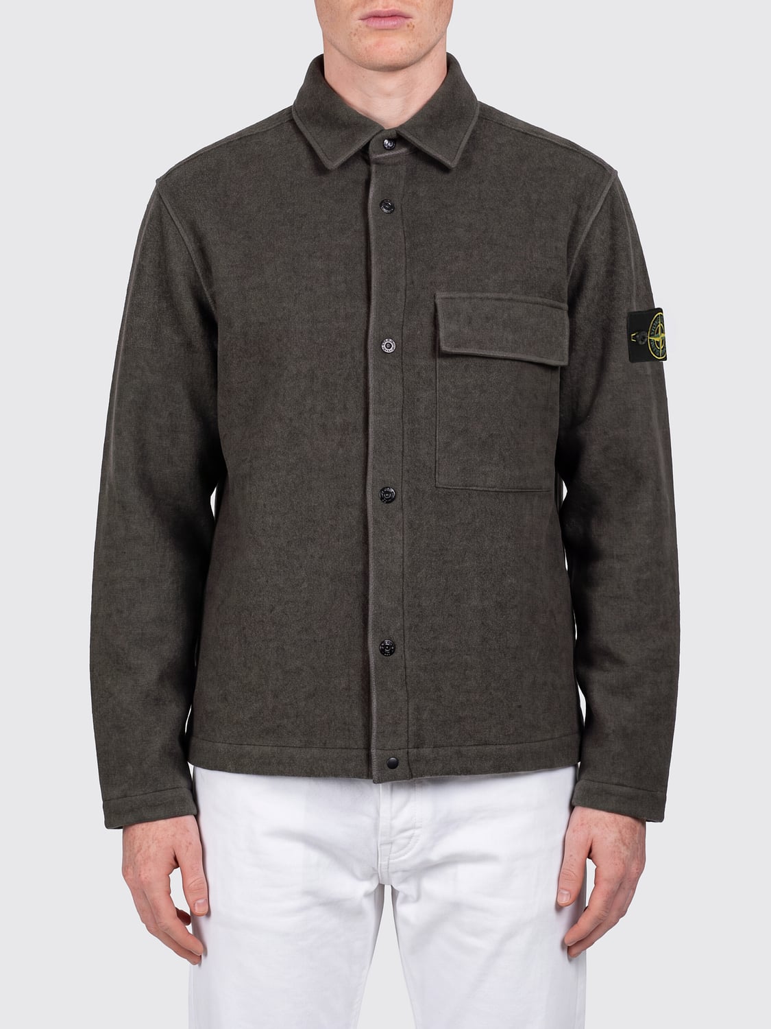 STONE ISLAND JACKE: Hemdjacke aus Wollmischung von Stone Island mit aufgesetzten Taschen und überschnittenen Schultern, Grün - Img 1