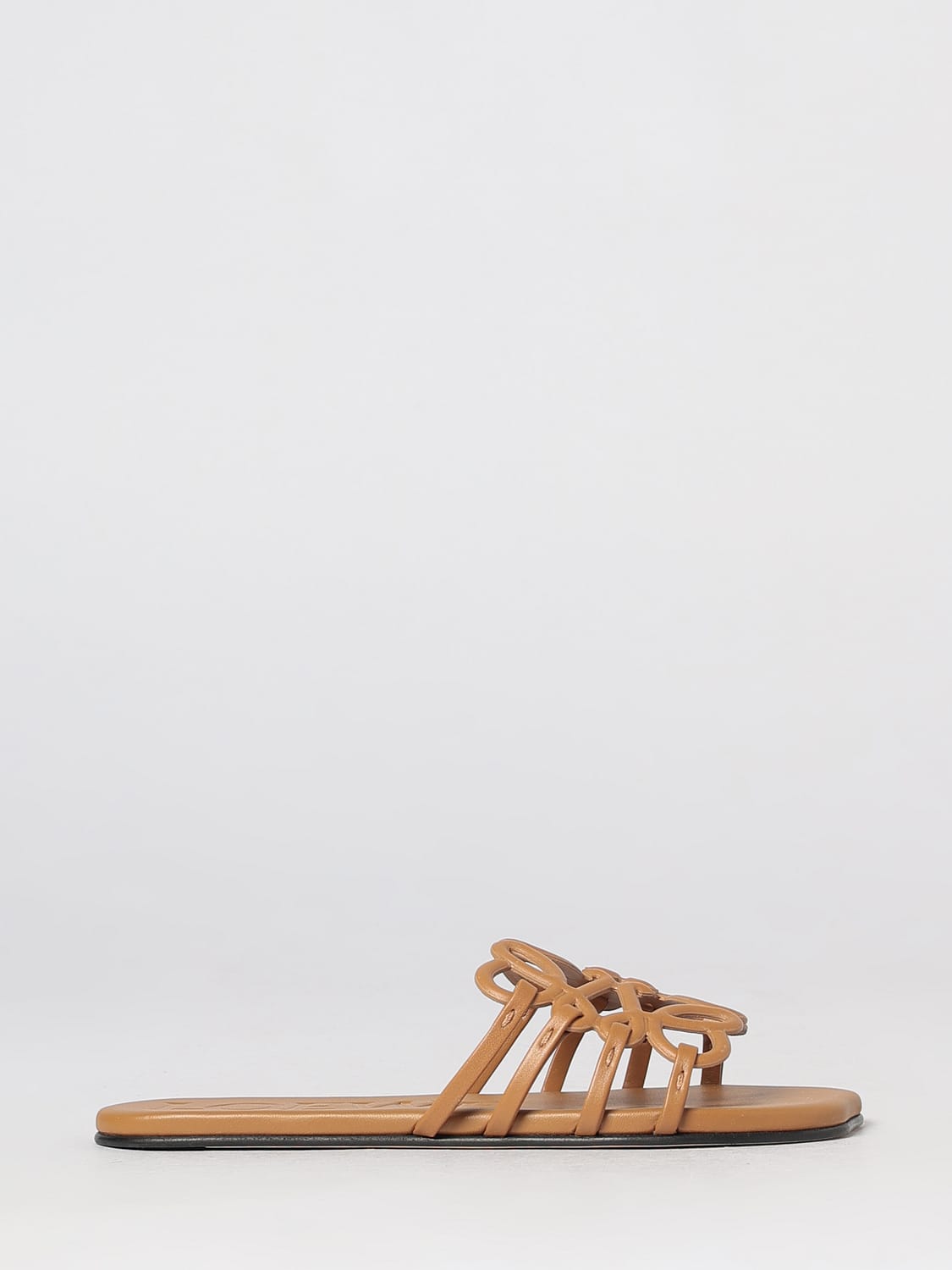 LOEWE SANDALEN MIT ABSATZ: Anagram Petal Mules von Loewe aus glattem Kalbsleder mit niedrigem Absatz, Camel - Img 1
