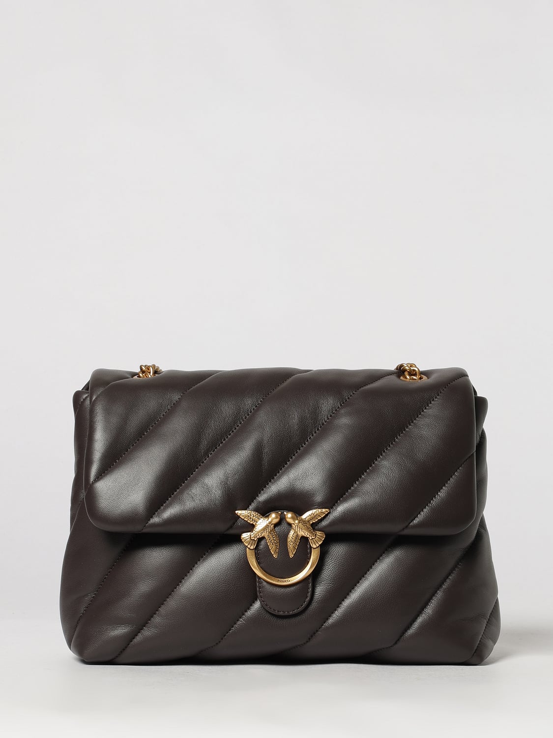 PINKO BANDOLERA: Bolso Classic Love Bag Puff Pinko de napa acolchada con hebilla Love Birds, Marrón - Img 1