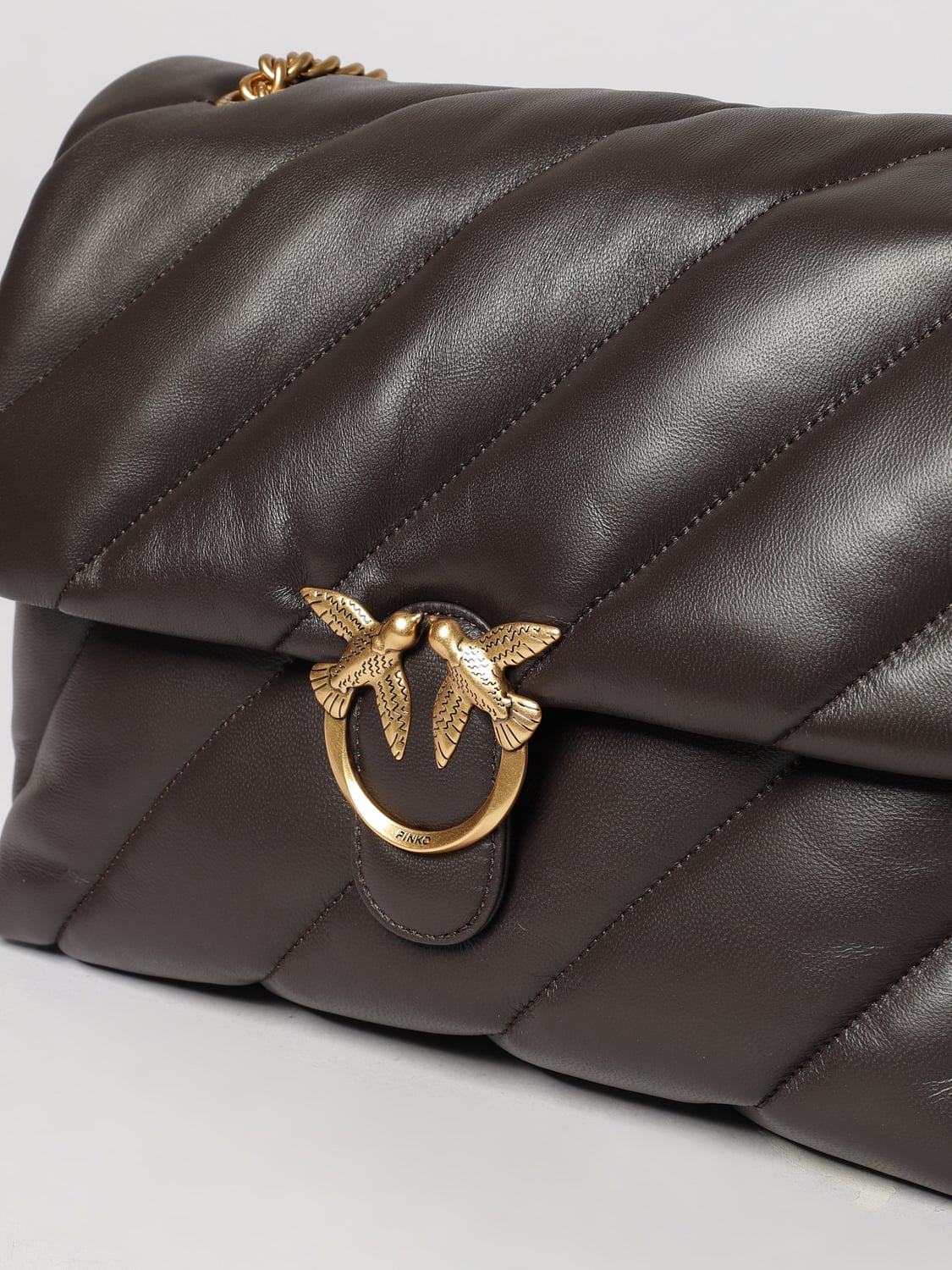 PINKO BANDOLERA: Bolso Classic Love Bag Puff Pinko de napa acolchada con hebilla Love Birds, Marrón - Img 3