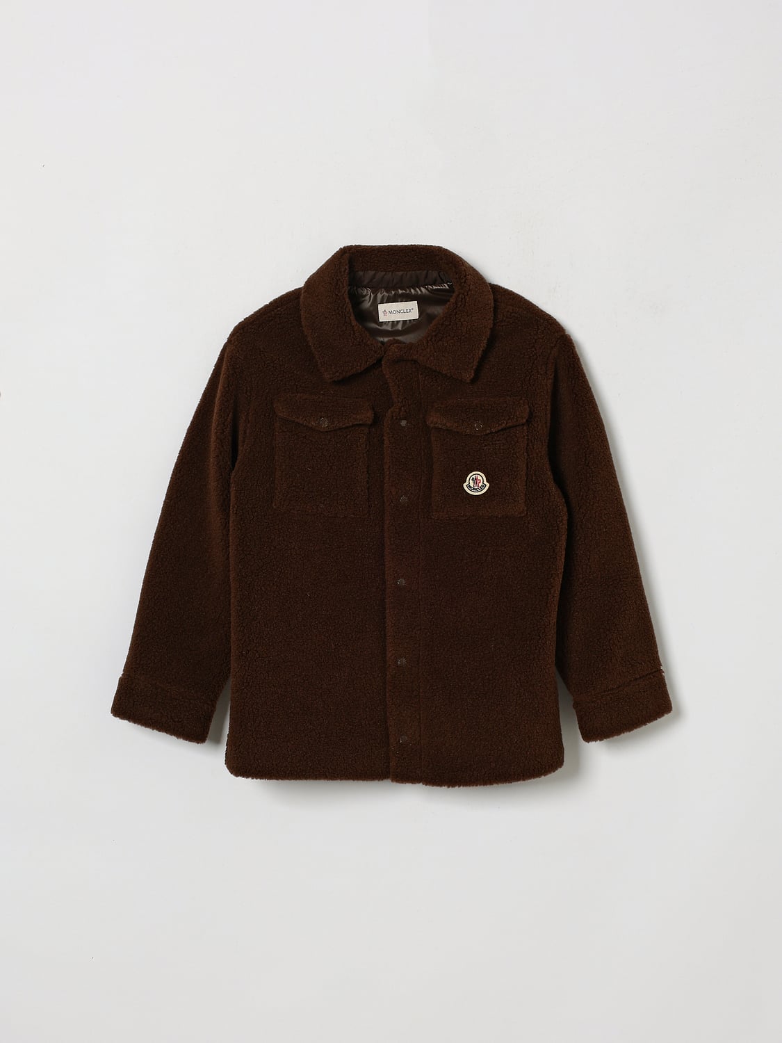 MONCLER CHAQUETA: Sobrecamisa de forro polar Moncler para niño con parche del logo, Marrón - Img 1