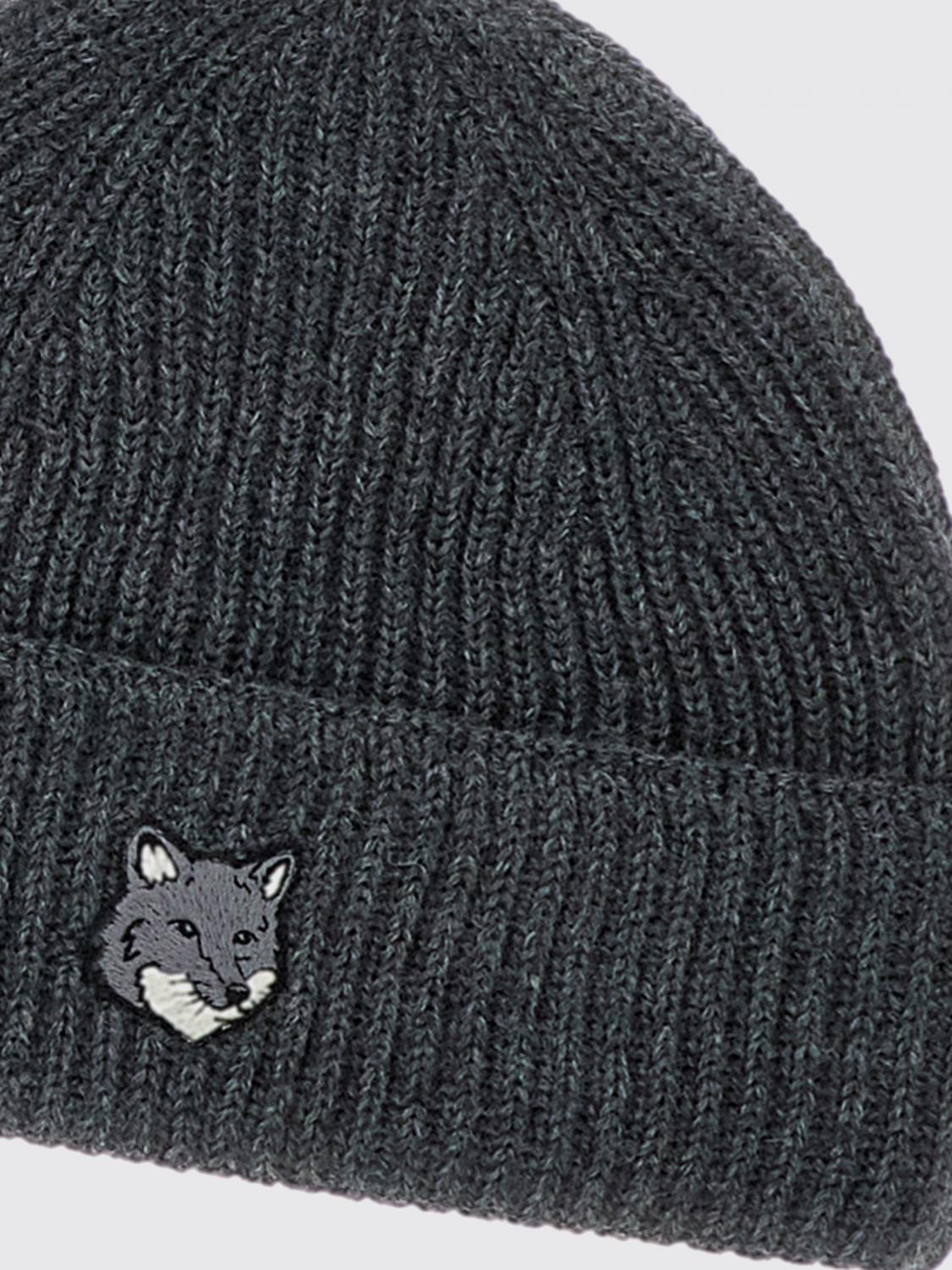 MAISON KITSUNÉ HUT: Maison Kitsuné Rippenstrick-Wollmütze mit Umschlag und Kontrastlogo, Grau - Img 2