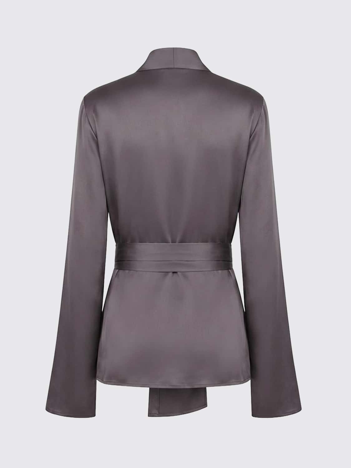 RICK OWENS TOP: Blusa cruzada Rick Owens de raso con bajo asimétrico y cuello de pico, Acero - Img 2