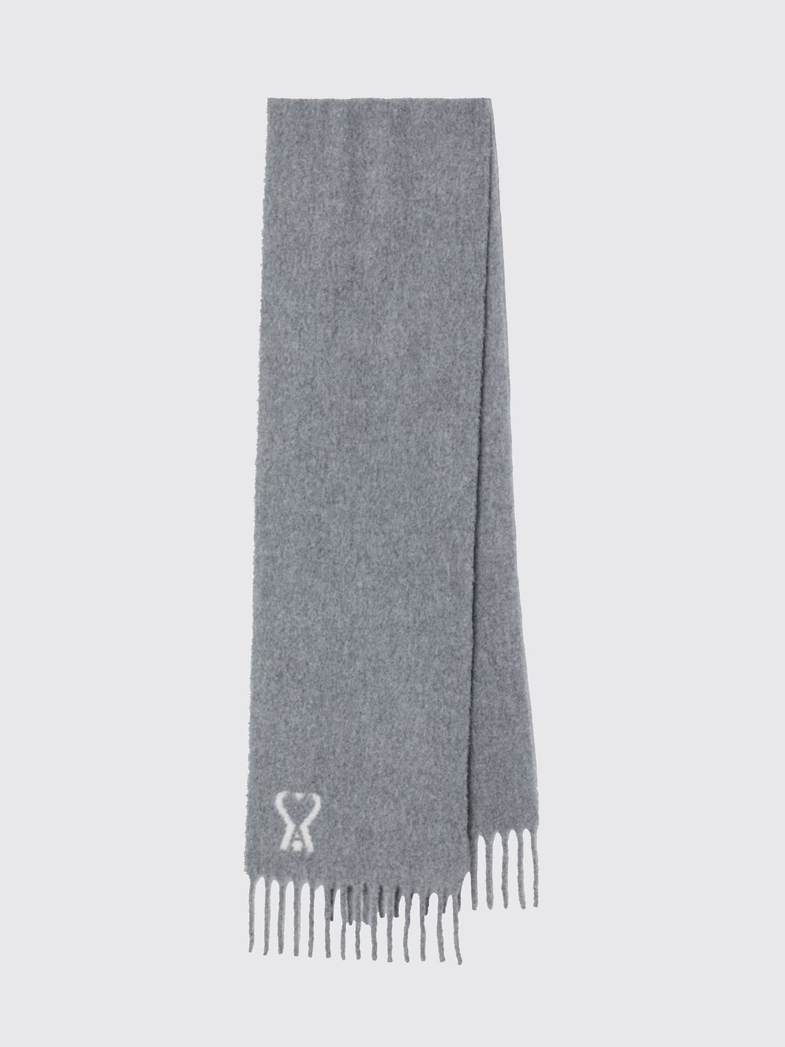 AMI PARIS SCIARPA: Sciarpa Ami Paris in lana di alpaca con logo stampato e bordi sfrangiati, Grigio - Img 1