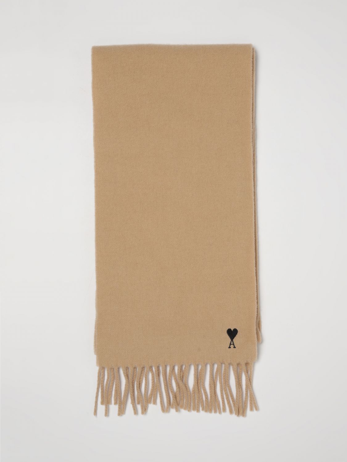 AMI PARIS SCARF: Ami Paris Pure Wool Scarf with Embroidered Logo and Fringed Edges, Beige - Img 1