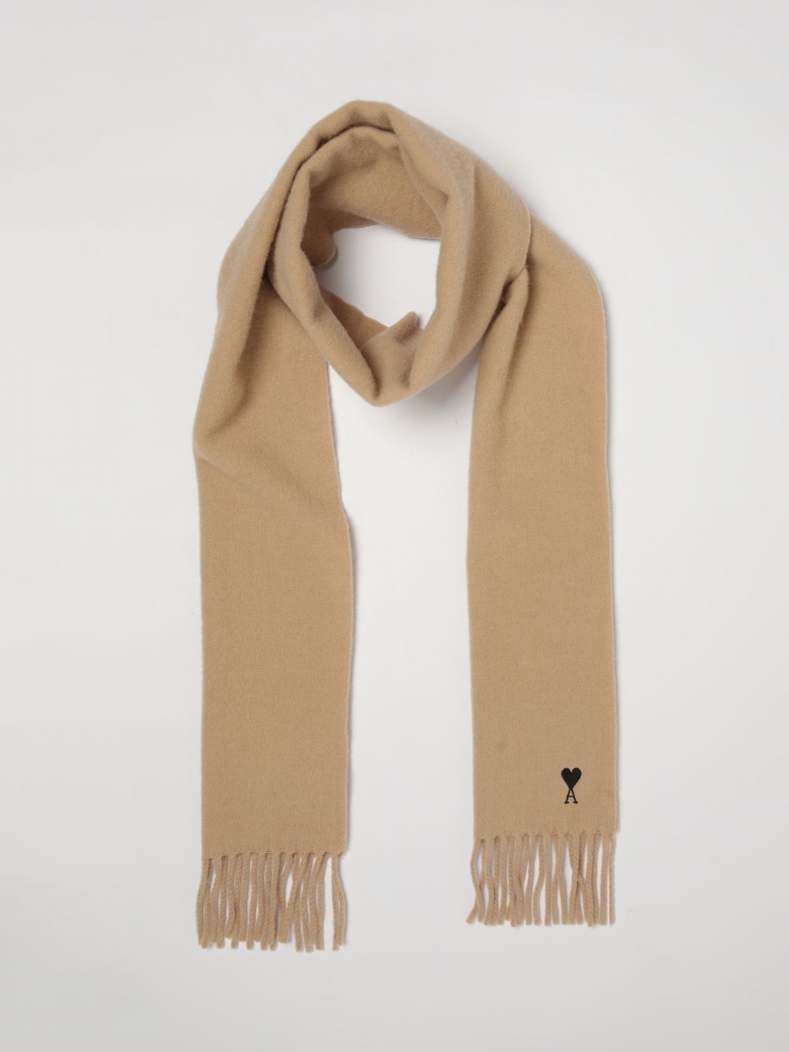 AMI PARIS SCARF: Ami Paris Pure Wool Scarf with Embroidered Logo and Fringed Edges, Beige - Img 2