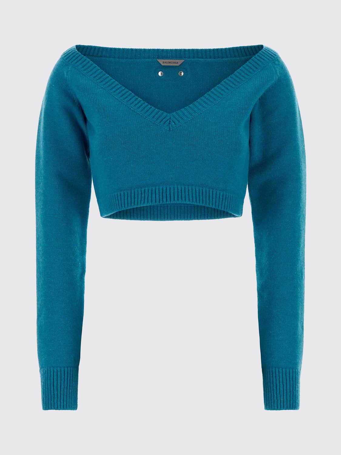 BALENCIAGA PULLOVER: Verkürzter Wollpullover Balenciaga mit V-Ausschnitt und überschnittenen Schultern, Türkis - Img 2