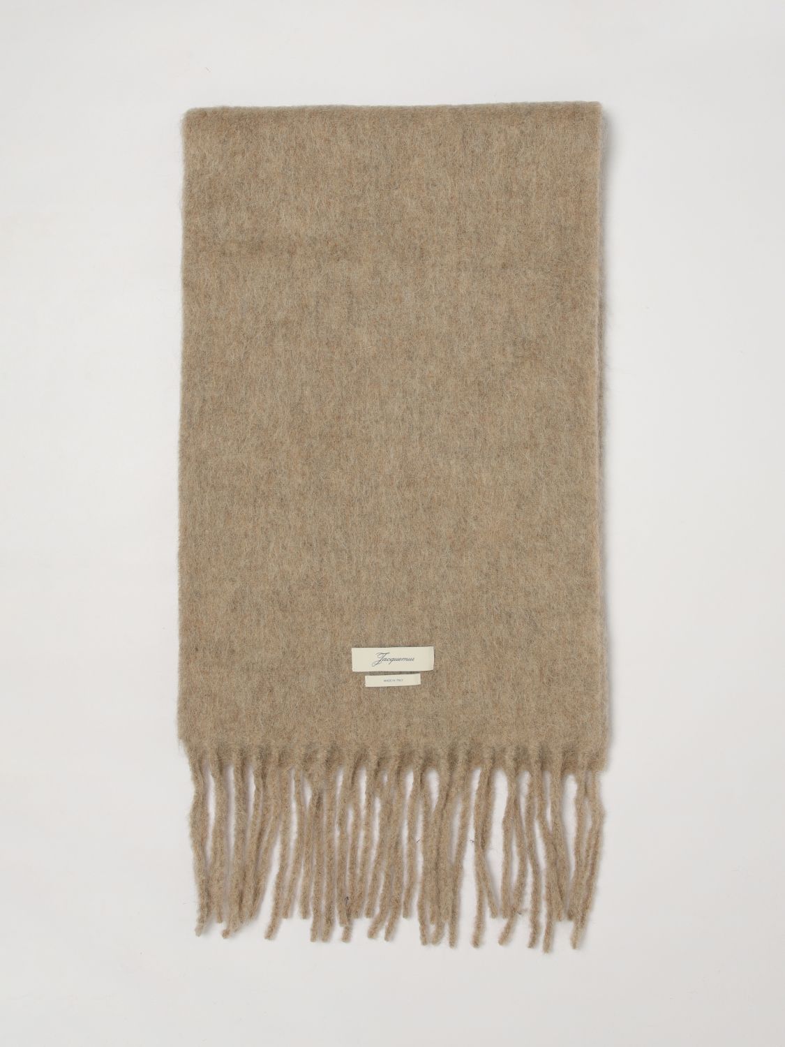 JACQUEMUS SCARF: Jacquemus Alpaca and Mohair Wool Blend Scarf with Fringed Hem and Logo, Dove Grey - Img 1