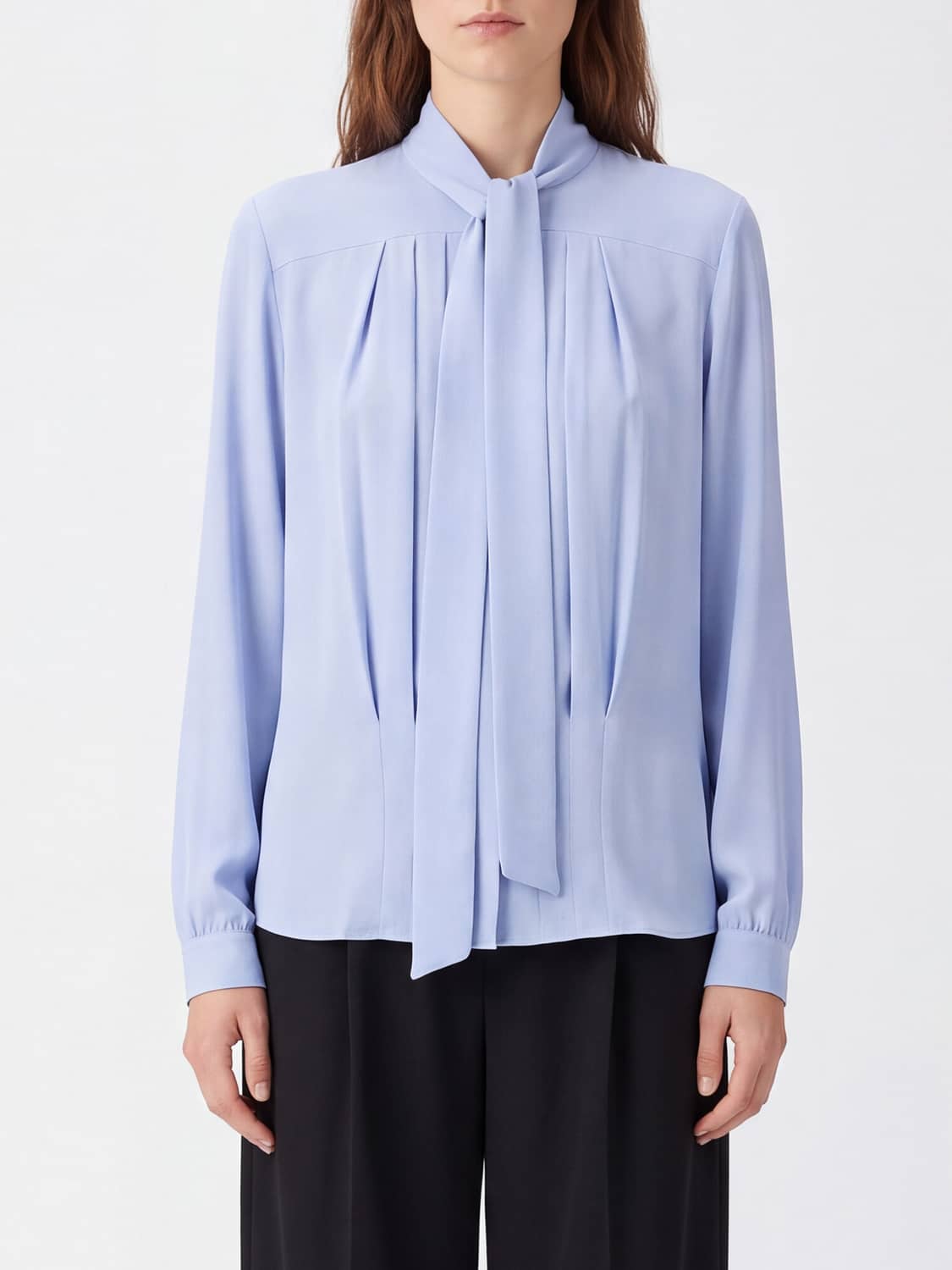 N° 21 TOP: Blusa elegante N° 21 de mezcla de seda con cuello de lazo y manga larga, Azul Oscuro - Img 1