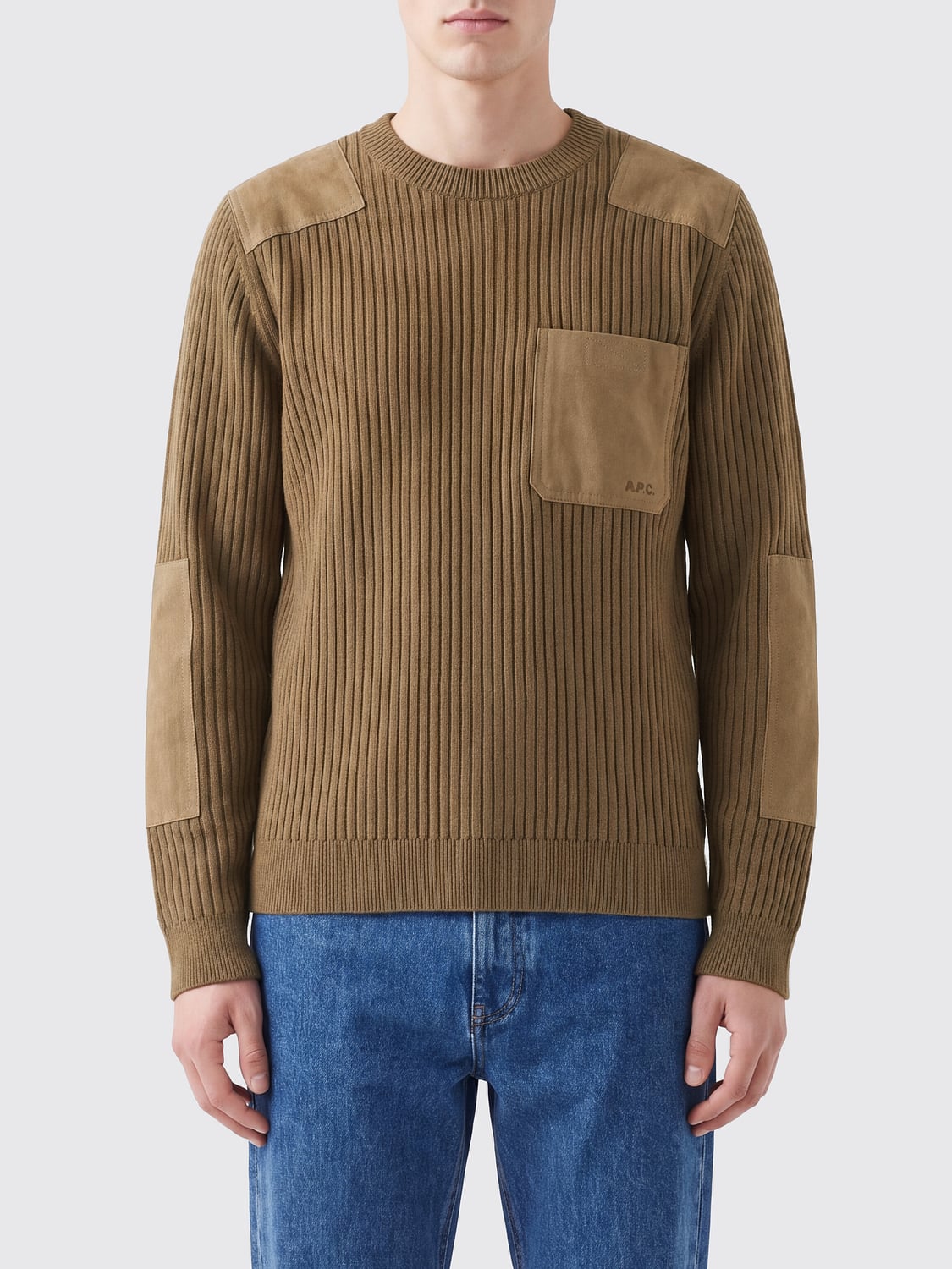 A.P.C. SWEATER: Virgin Wool Crewneck Jumper A.P.C. with Patches and Ribbed Trims, Brown - Img 1