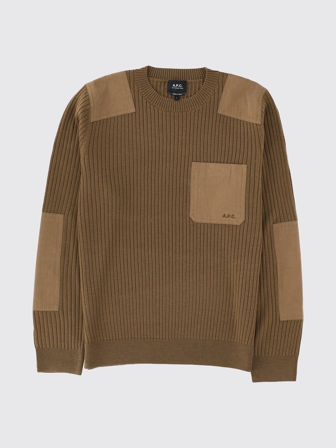A.P.C. SWEATER: Virgin Wool Crewneck Jumper A.P.C. with Patches and Ribbed Trims, Brown - Img 2