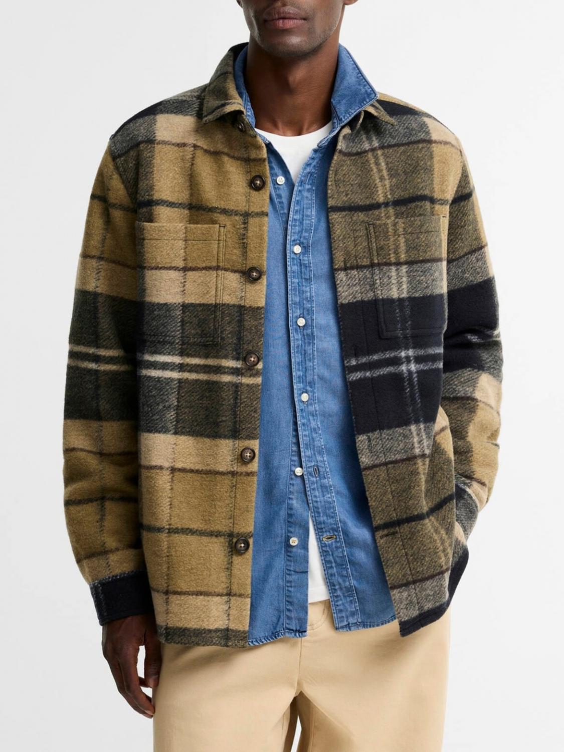 BARBOUR JACKET: Barbour Woodlane Tartan Wool Blend Shirt Jacket with Patch Pockets, Beige - Img 1