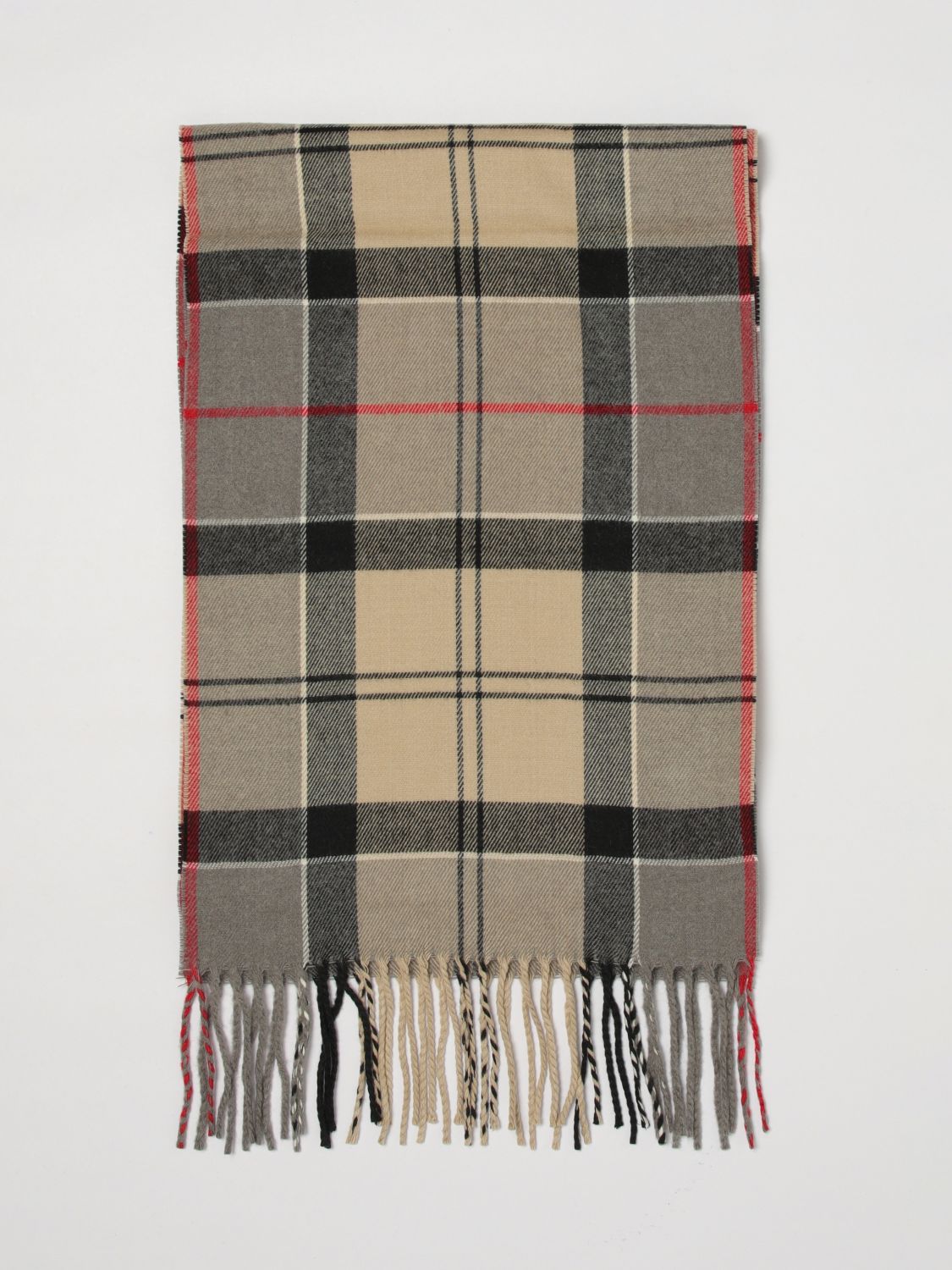 BARBOUR SCARF: Barbour Tartan Pattern Acrylic Scarf with Fringed Edges, Beige - Img 1