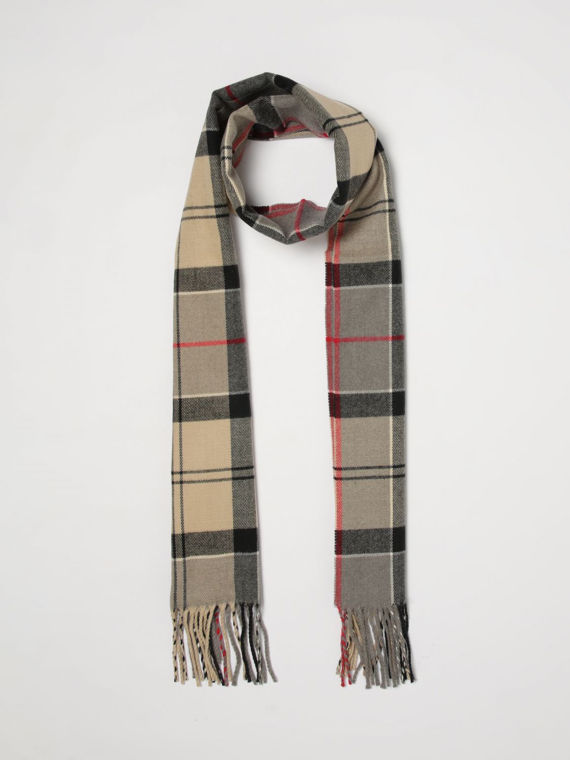 BARBOUR SCARF: Barbour Tartan Pattern Acrylic Scarf with Fringed Edges, Beige - Img 2