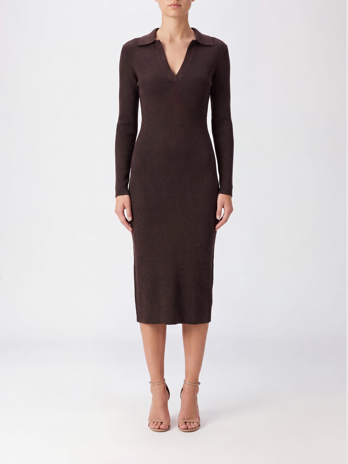 MC2 SAINT BARTH ROBE: Robe fourreau midi MC2 Saint Barth en maille de laine à encolure en V, Marron - Img 1