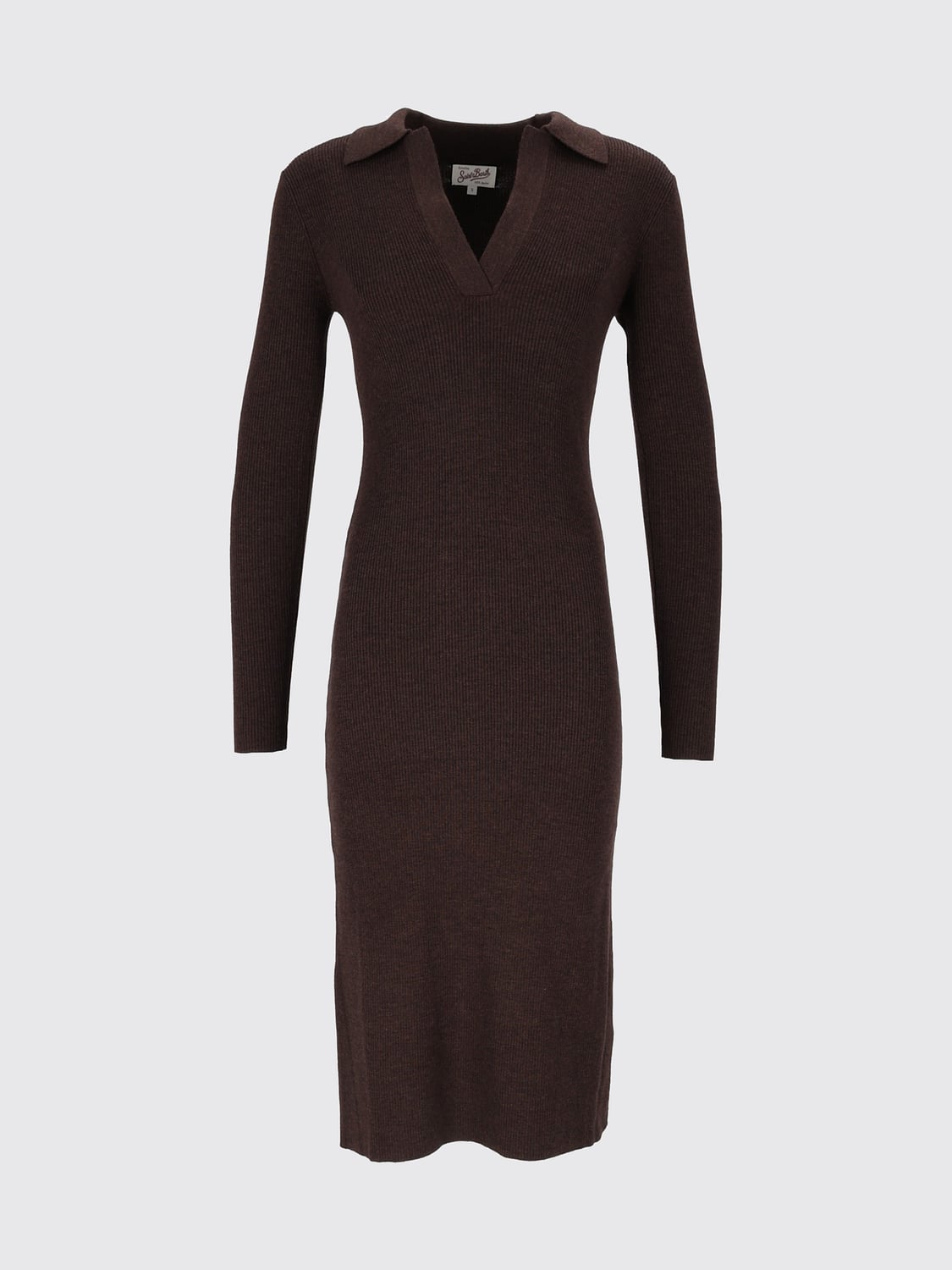 MC2 SAINT BARTH ROBE: Robe fourreau midi MC2 Saint Barth en maille de laine à encolure en V, Marron - Img 2