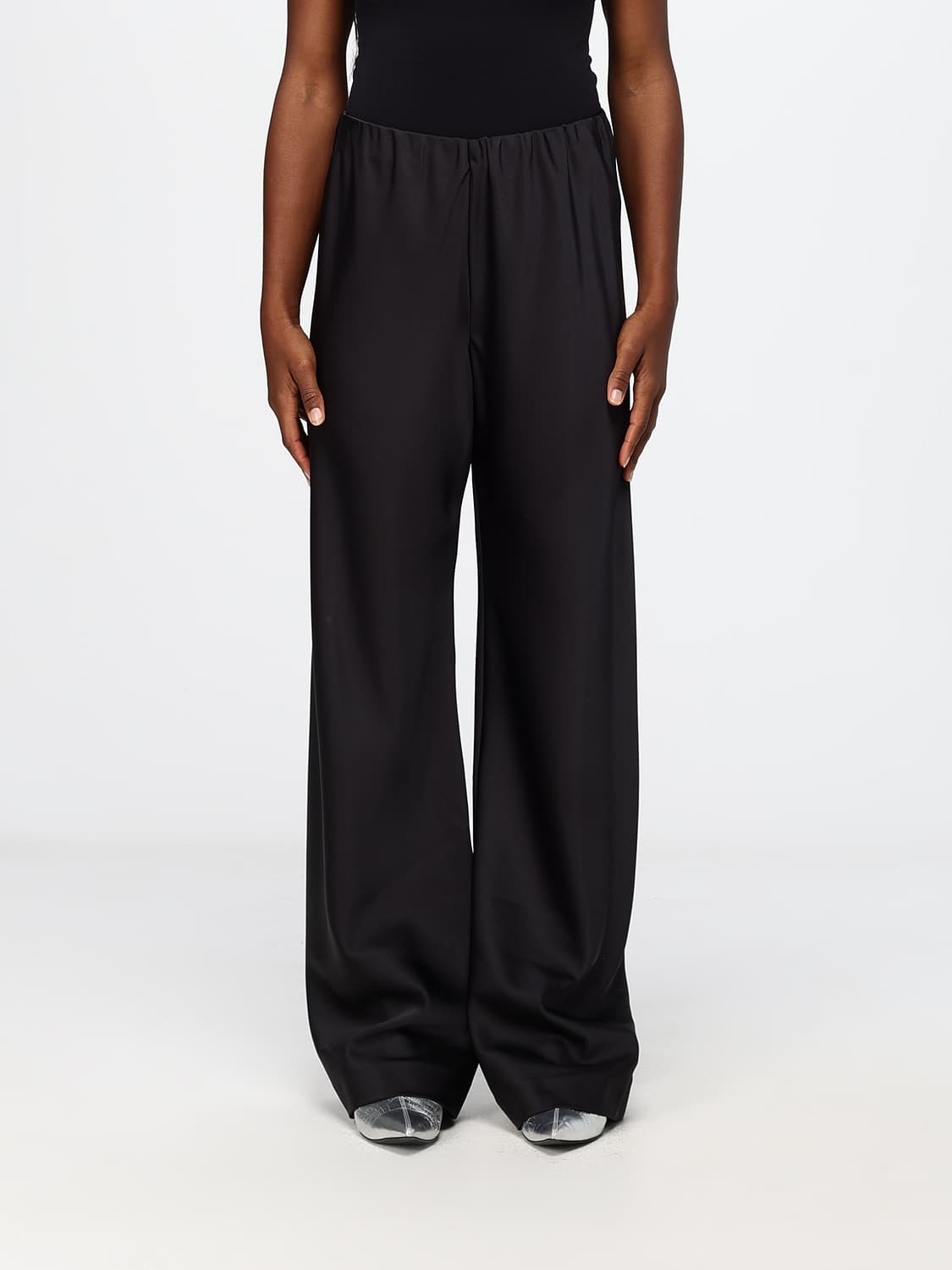 MEIMEIJ PANTALONES: Pantalones palazzo Meimeij de crepé con talle alto y cintura elástica, Negro - Img 1
