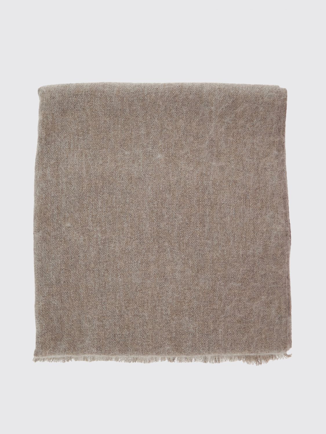 BRUNELLO CUCINELLI SCARF: Brunello Cucinelli Rectangular Wool and Silk Blend Scarf with Fringed Hem, Brown - Img 1