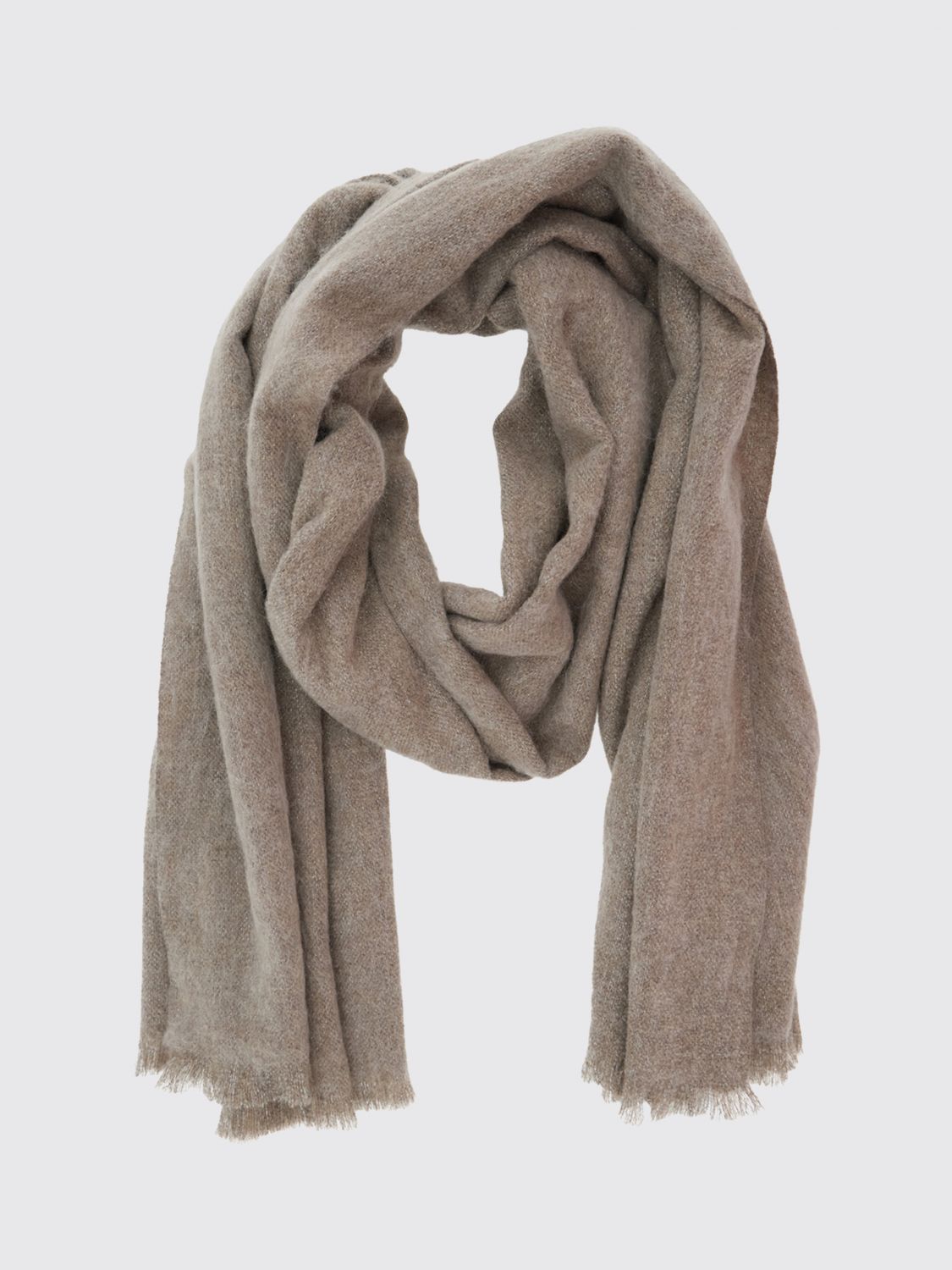 BRUNELLO CUCINELLI SCARF: Brunello Cucinelli Rectangular Wool and Silk Blend Scarf with Fringed Hem, Brown - Img 2